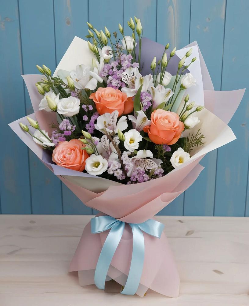 Букет цветов из: Лизиантусы, Розы, Альстромерии и Гипсофила в Жилино-2