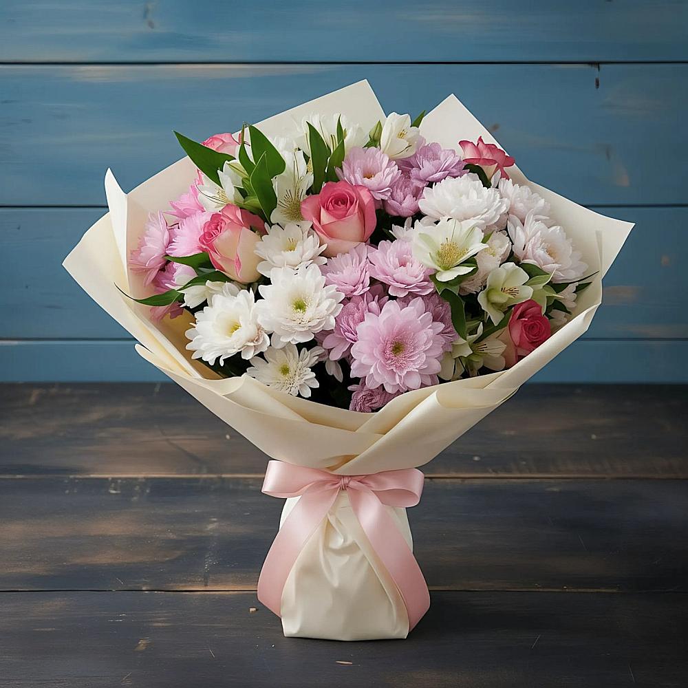 Букет цветов из: Хризантемы, Альстромерии и Розы в Жилино-2